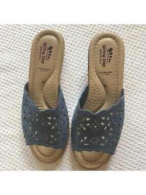 Spring Step Made in Italy Blue Lace Slip Ons Womens 38 Cork Sole Boho Beachy
